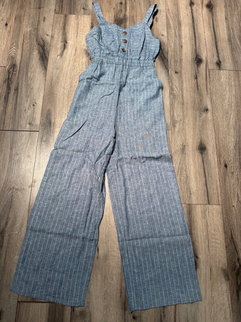 Romeo + Juliet Couture Blue/Ivory Striped Button-Front Jumpsuit Elastic Waist -